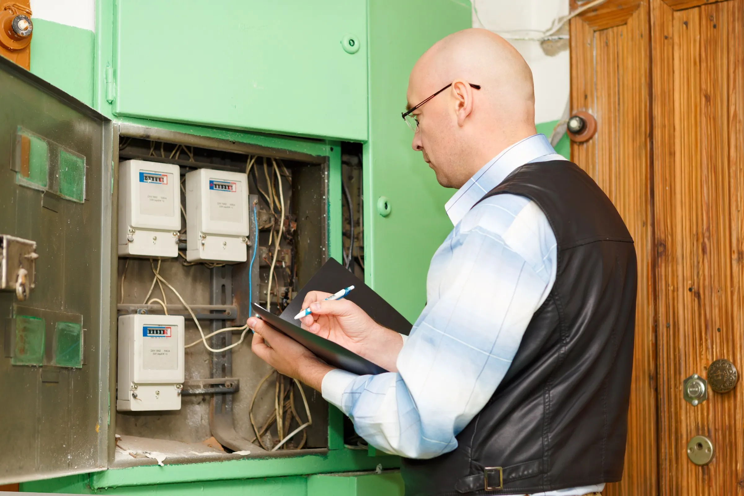 Homme en gilet qui note des relevés devant une armoire ouverte de compteurs électriques anciens