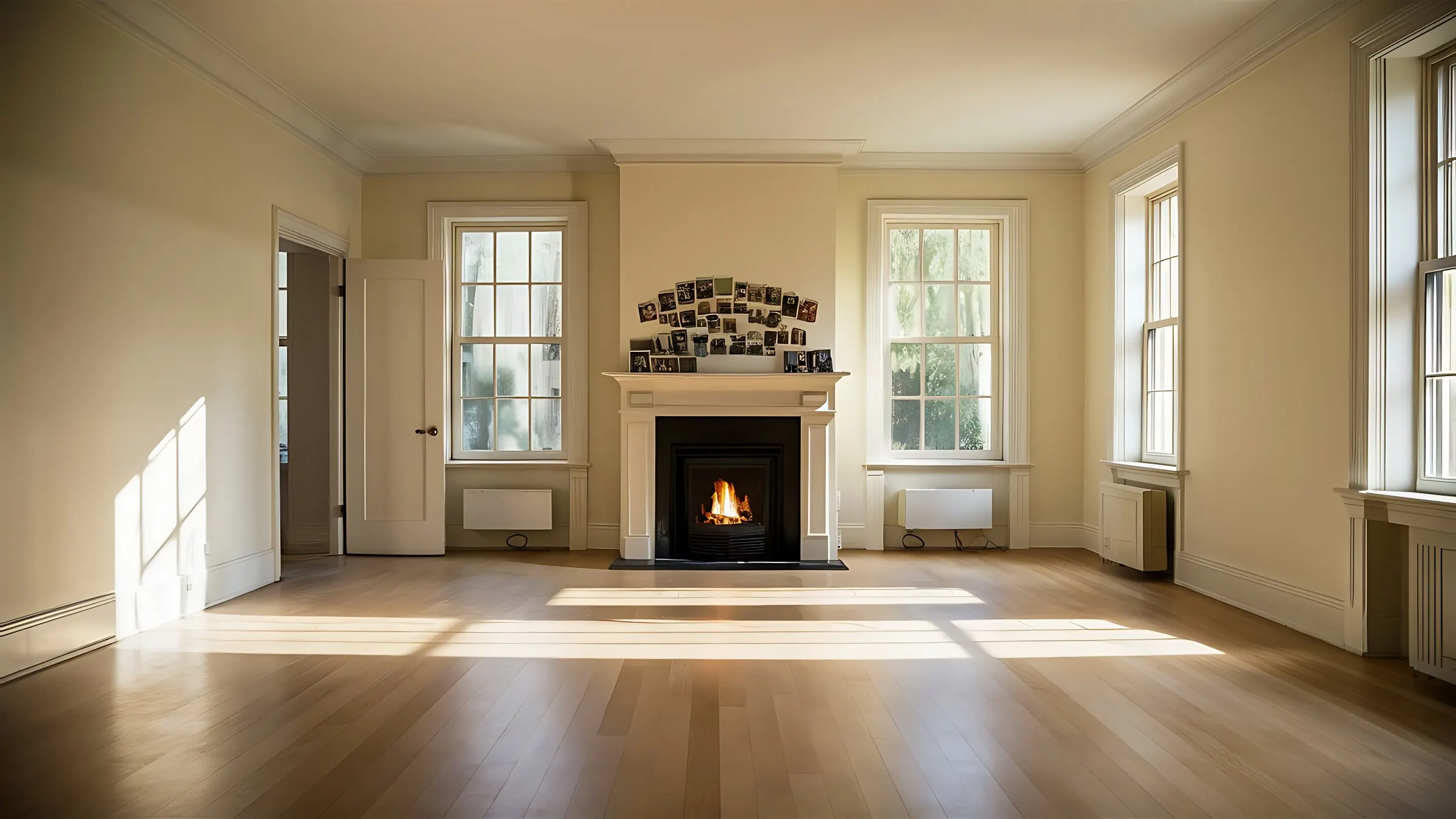 Pièce vide d'un appartement ancien, parquet clair, cheminée allumée et convecteurs électriques sous les fenêtres
